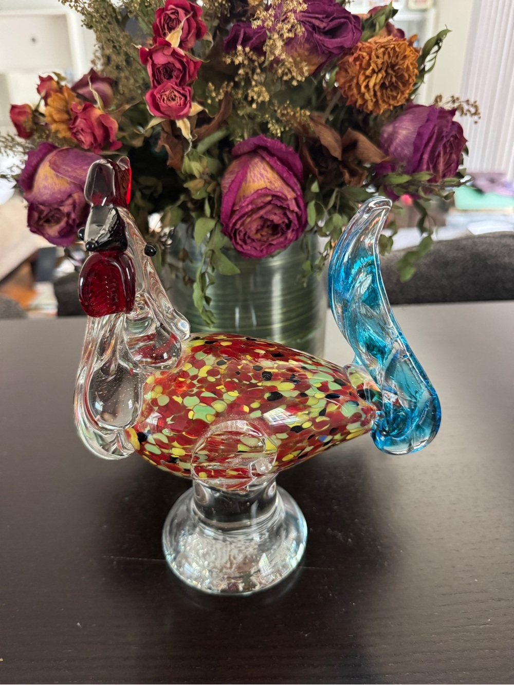 VINTAGE Murano Style Glass Rooster Figurine with Blue Tail